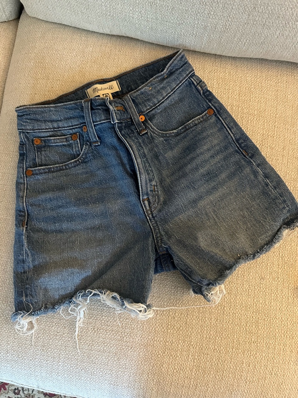 Madewell Dark Blue High-Rise Frayed Hem Jean Shorts